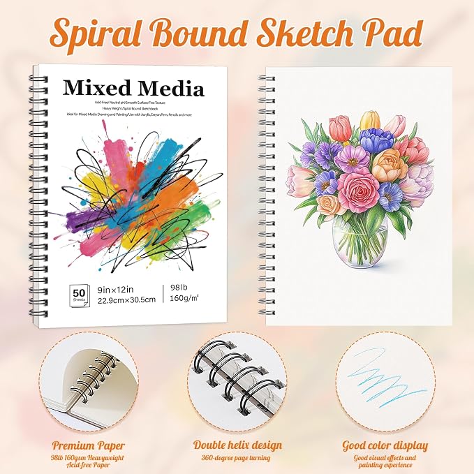 9 × 12 Inch Sketch Book, Spiral Bound Drawing Pad, Perforated Pages | Abstract Cover, Smooth Paper for Pencil Charcoal Pastel Ink, Folds Back Easily, Tear-Out Sheets for Class Or Travel