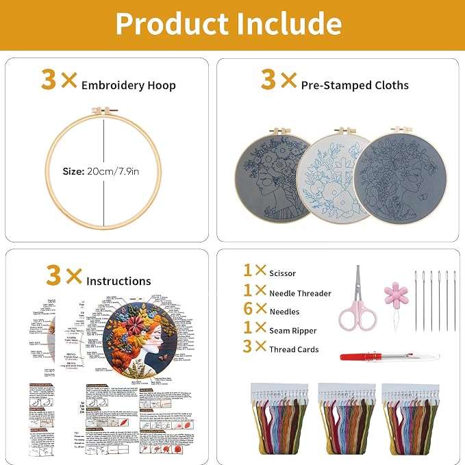 LYMIGER 3 Packs Embroidery Kit for Adults, Embroidery for Beginners (Girl)