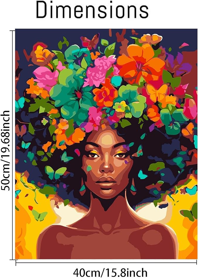 Clendo DIY African Woman Paint by Numbers for Adults Canvas, Flowers and Girl Paint by Number Kits on Canvas - Frameless Oil Painting Kits Arts and Crafts for Home Decor Present 16x20 inch