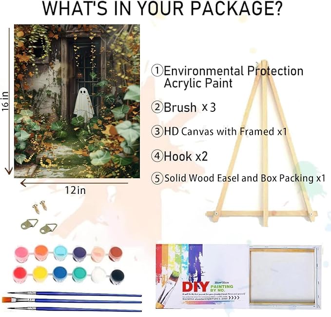 Halloween Paint by Numbers for Adults with Framed Canvas-with Wooden Easel,Ghost Paint by Number on Canvas,DIY Acrylic Oil Painting Kits with Brushes Nice Gift Box for Home Wall Decor(12x16 Inch)
