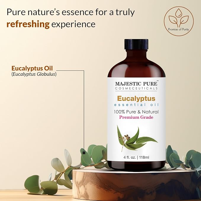 Majestic Pure Eucalyptus Essential Oil for Diffuser - 4 Fl Oz | 100% Pure and Natural Eucalyptus Oil for Aromatherapy, Humidifier, Air Freshener, Soap & Candle Making, Bath & Massage