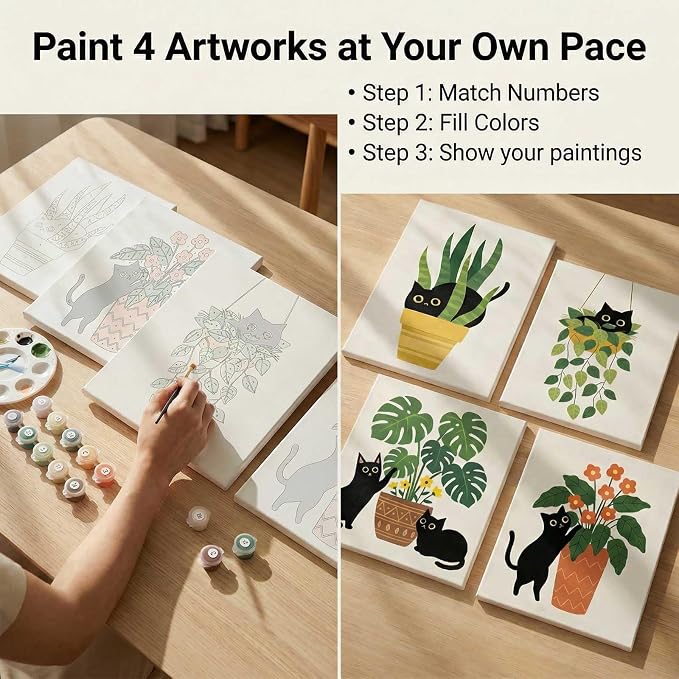 Amphol Framed Paint by Numbers Kit for Adults - 10x10 Inch Easy 4 Pack Potted Cat Framed Canvas Paint by Number for Beginners, DIY Acrylic Oil Painting Kits with Frame for Home Wall Decor Gift
