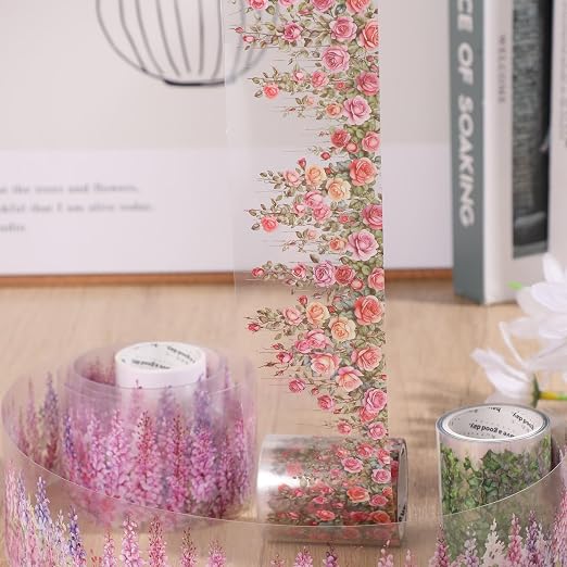 Floral Washi Tape 3 Rolls Set Self-Adhesive PET Flower Stickers Decorative Rose Vine Tape for Journaling Scrapbook Crafts Gift Wrapping