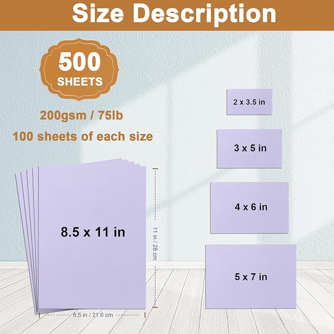 Silunkia 500 Sheets Light Purple Cardstock 5 Assorted Size 75lb