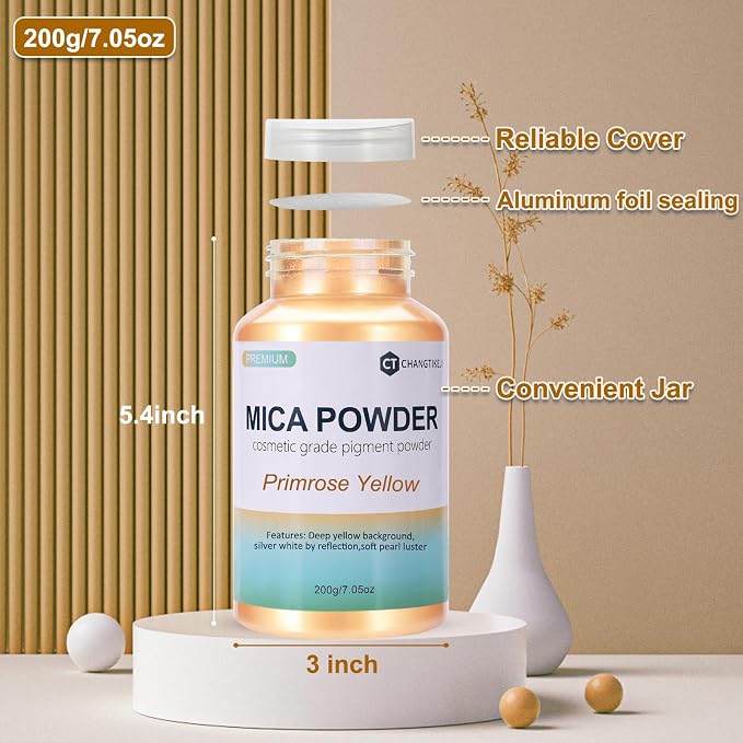 Mica Powder,7.05OZ（200g）,Primrose Yellow Mica Powder Pigment for Epoxy Resin，Lip Gloss，Car Paint，Dye，Soap Making，Nail Polish,Epoxy Resin,Candle Making,Bath Bombs