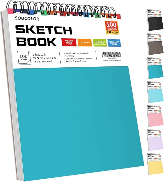 Soucolor Sketchbook 9x12, 100 Sheets Drawing Pad,Art Sketch Book for School | 68lb acid-free paper,No bleed-through,Lay-flat top spiral,Micro-perforated,for kids,Students & Back to School.All dry media