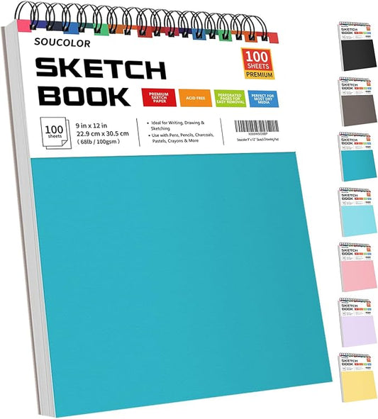 Soucolor Sketchbook 9x12, 100 Sheets Drawing Pad,Art Sketch Book for School | 68lb acid-free paper,No bleed-through,Lay-flat top spiral,Micro-perforated,for kids,Students & Back to School.All dry media