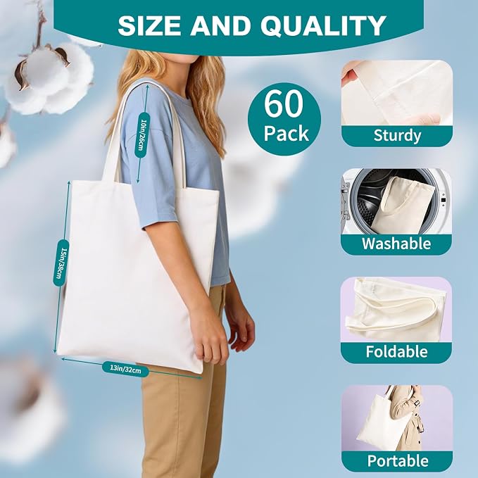 60-Pack Sublimation Blanks Tote Bags, White Canvas Bags for DIY Gifts | Reusable grocery shopping totes, heat transfer & HTV ready, personalized gifts for Women, Men, advertising, Party Shopping