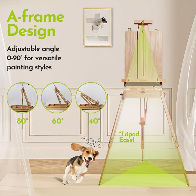 CONDA Large Wooden French Easel and Sketchbox Easel, Adjustable Tripod Easel Stand with Drawer and Palette for Artist, hobbyists, Professionals, Ideal Easel for Painting, Sketching, and Display