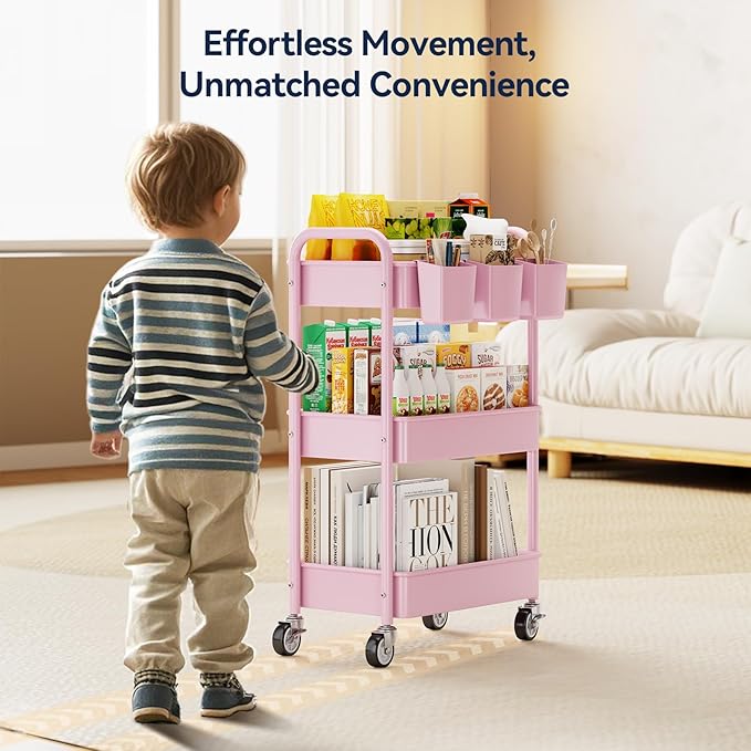 YASONIC 3 Tier Rolling Cart, Heavy Duty Metal Utility Cart with Wheel Pink