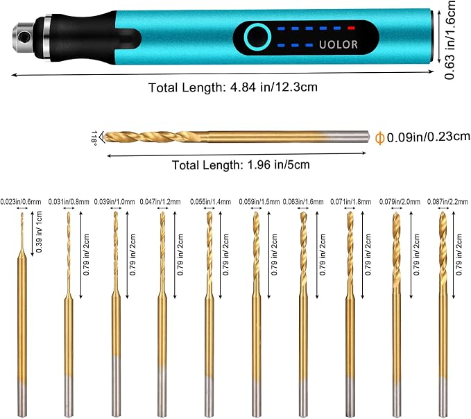Uolor 3-Speed Cordless Mini Drill Pen, Rechargeable DIY Electric Hand Drill with 10 Small Drill Bits, Micro Drill Set for Jewelry Making Stone Plastic Resin Keychains