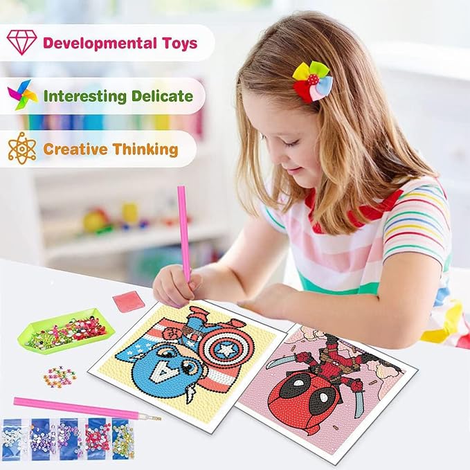 Sretoul 4 Pack Cartoon Diamond Art Kits for Kids 6X6 inch Without Frame | Cartoon Diamond Art Painting Kits for Girls, Crafts for Kids Ages 4-8 Cute Gem Arts for Kids Ages 4 8 12 for Home Wall Decor