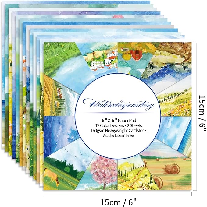 6x6" Cardstock Single Sided Scrapbooking,Craft Decorative Scrap Book Paper | 160gsm,24-Sheet 12Patterns Colored Paper,Junk Journal Supplies,Vivid Origami Papers DIY Craft Gift Wrapping Album.Landscape
