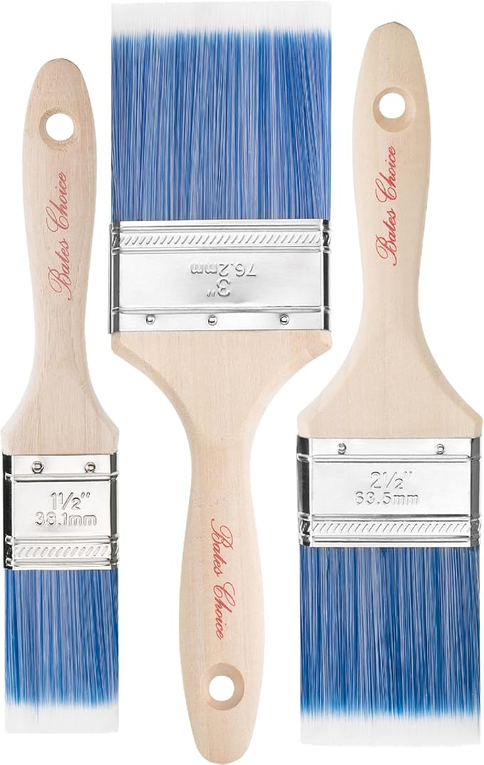 Bates Paint Brushes - 3 Pack, 1.5' to 3', Treated Wood Handle, Multi-Size Stain & Wall Paint Brush Set