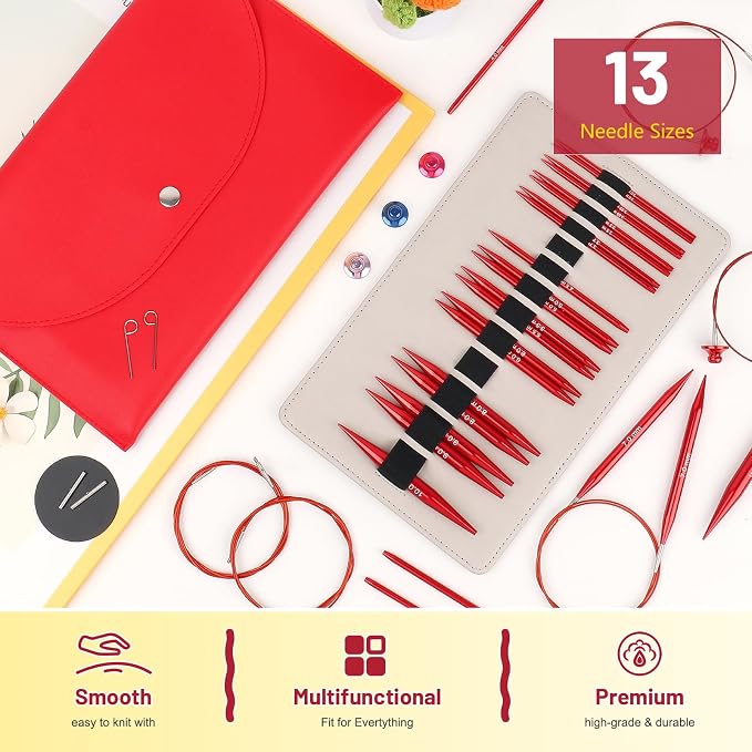 Aeelike 13 Pairs Interchangeable Knitting Needles Set 3-10.0mm, Cherry Red | Aluminum Interchangeable Knitting Needles with 4 Cables, Smooth Complete Needles Set for Socks Blankets Sweaters, Ideal Gift