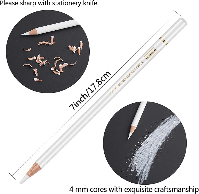 MARKART Professional White Charcoal Pencils Set, 5 Pieces | Sketch Highlight Charcoal Pencils for Drawing, Sketching, Shading, Blending, White Chalk Pencils for Beginners & Artists