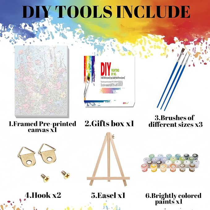 Hutarosl Flowers Paint by Numbers with Frame for Adults - with Wooden Easel,Adult Paint by Number,Flowers Canvas Paint by Numbers for Adults,Gifts and Home Decor 12x16inch