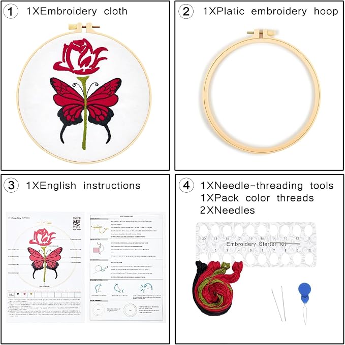 Butterfly Rose Embroidery Kits for Beginners Adults, Valentine's Day Hand Embroidery Kits, Cross Stitch Kits for Adult Anniversary Valentine's Gifts, Entire Set of Embroidery Supplies & Video Tutorial