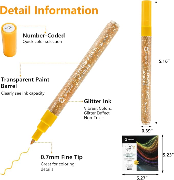 Artecho Glitter Paint Pens 12 Colors with 0.7mm Extra Fine Tip