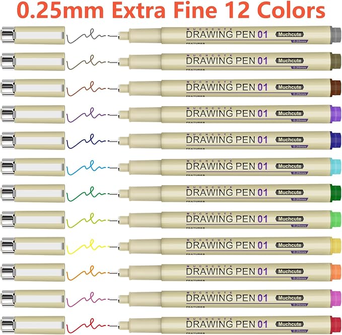 Muchcute 01 Micro Fineliner Drawing Art Pen,12 Colors 0.25mm No Bleed Bible | Waterproof Colored Fine liner Smooth Extra Fine Point, Journal Zentangle Study Supplies, Ultra Line Needle Tip Thin Gel Felt