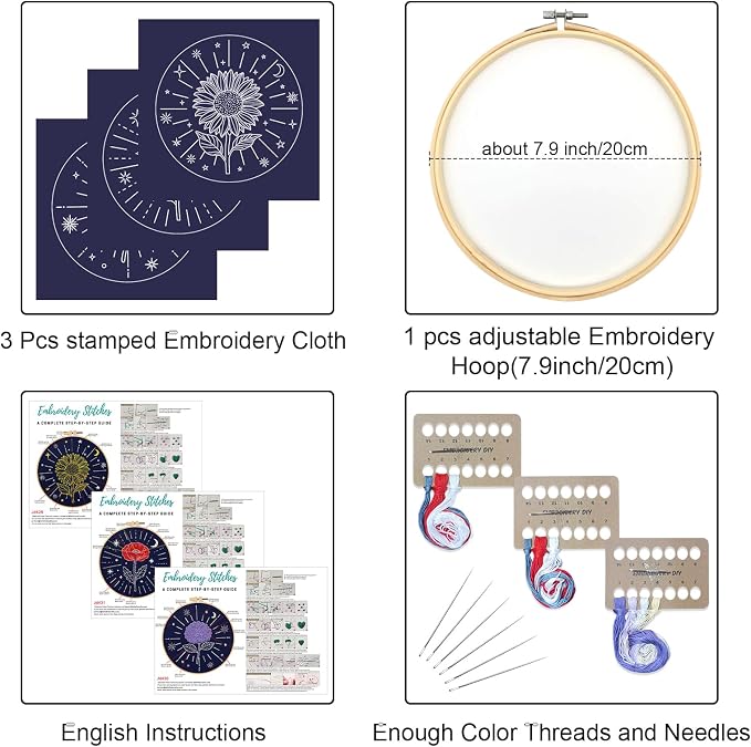 Louise Maelys 3Pcs Tarot Flower Embroidery Kit for Beginners DIY Craft Kit | Complete Needlepoint Kit with 3 Printed Fabric Patterns, Embroidery Hoop, Color Threads, Needles and Guide for Craft Lovers