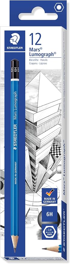 STAEDTLER Mars Lumograph 6H Graphite Art Drawing Pencil, Medium Hard, Break-Resistant Bonded Lead, 12 Pack, 100-6H, blue (100-6H VE)