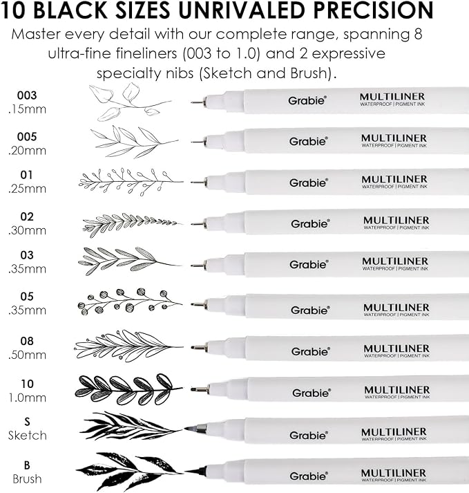 Grabie Micro Fineliner Pens, 10 Waterproof Black Drawing Pens | Waterproof Pigment Ink, Precision Drawing, Assorted Tip Sizes, Metal-Clad Nibs, Smooth Ink Flow