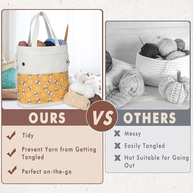 TOGETRUE Yarn Bag, Knitting Crochet Tote Bag, Yarn Storage Bags Organizer, Crochet bags for Crocheting Project, Store Skein Ball, Short Knitting Needle (Large, Bees)