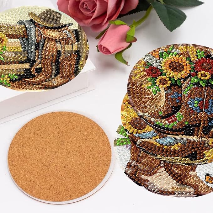 8 Pcs Diamond Art Coasters Kits, Cowboy Boots Diamond Painting Coasters Kit