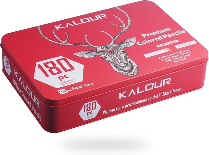 KALOUR 180 Colored Pencil for Artists - Rich Pigment Soft Core - Oil-Based - Ideal for Coloring Drawing Sketching Shading Blending - Vibrant Color（Tin Case）