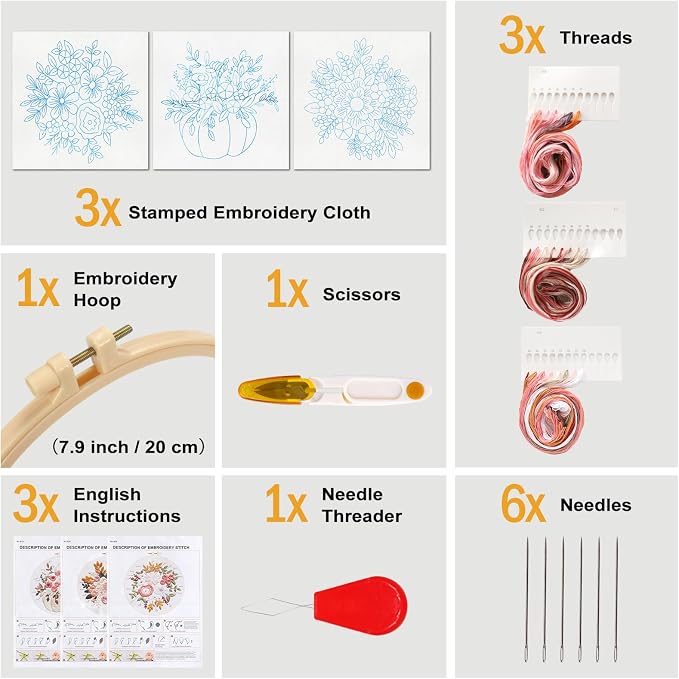 Sivilife Embroidery Kit for Beginners, 3 Sets Stamped Cross Stitch Kits for Beginner, Floral Pattern Embroidery Starter Kits for Adults with Embroidery Hoop Instructions Threads and Needles Scissors