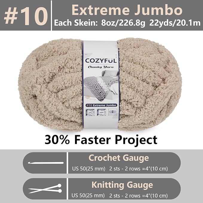 Cozyful Chunky Yarn for Hand Knitting - #10 Chunky Chenille Yarn, Jumbo Big Thick Chunky Yarns for Crocheting, Super Bulky Chunky Knit Blanket Yarns, 8 Skein (22 yds 8 oz Each Skein), Khaki