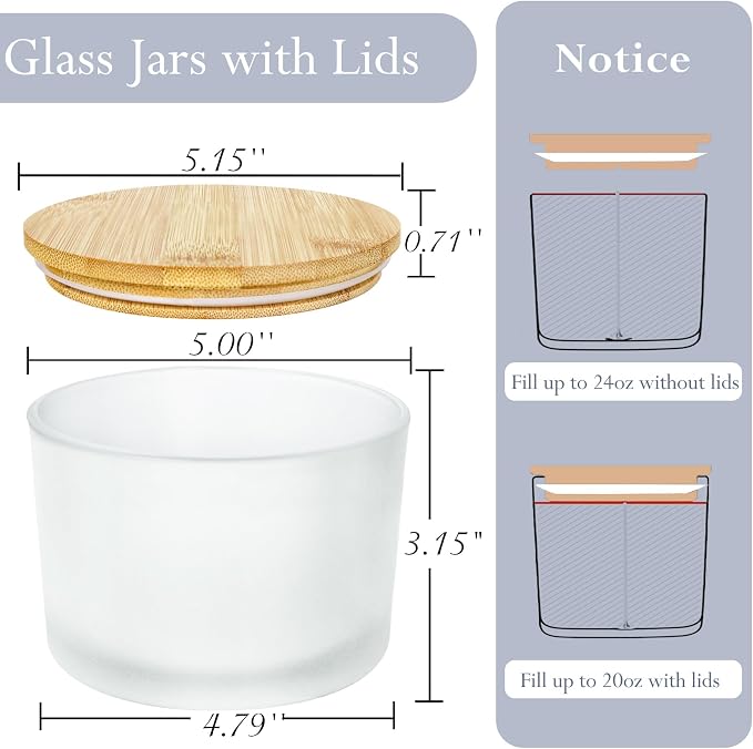 CONNOO 6 Pack 24oz Frosted Glass Candle Jars with Airtight Bamboo Lids