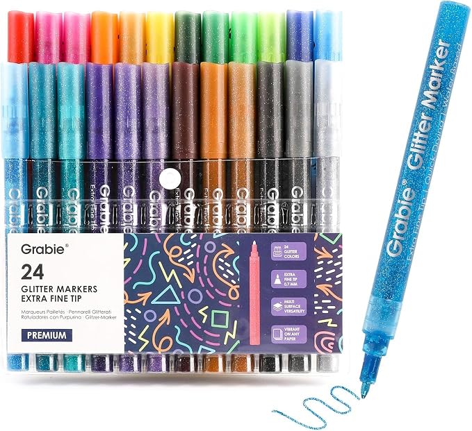 Grabie Glitter Acrylic Paint Markers, Pack of 24 Medium Tip Paint Pens