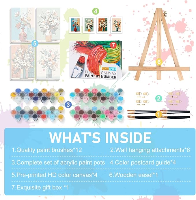 4 Pack Framed Paint by Numbers Kit for Adults with Wooden Easel, 8x12 Inch | Flowers Vase, Easy DIY Acrylic Canvas Craft Kit with Frame for Beginners, Home Decor, Stress Relief Relaxing Hobby Gift