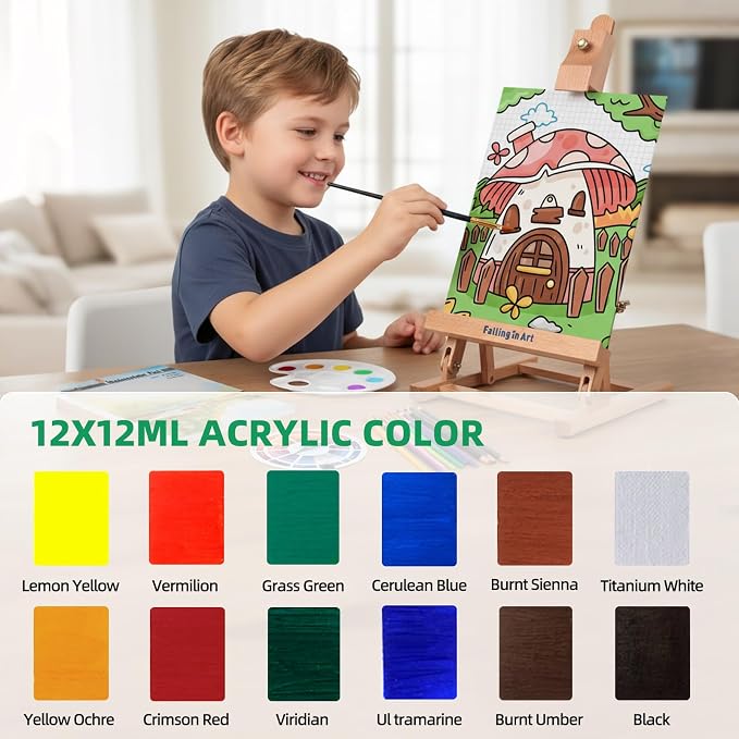 Falling in Art 52 Pcs Kids Acrylic Paint Set with Table Easel, Green | Art Painting Kit with Paints, Canvas Panels, Paintbrushes, Canvas Supplies Kit for Kids, Adults, Beginners, and Artists