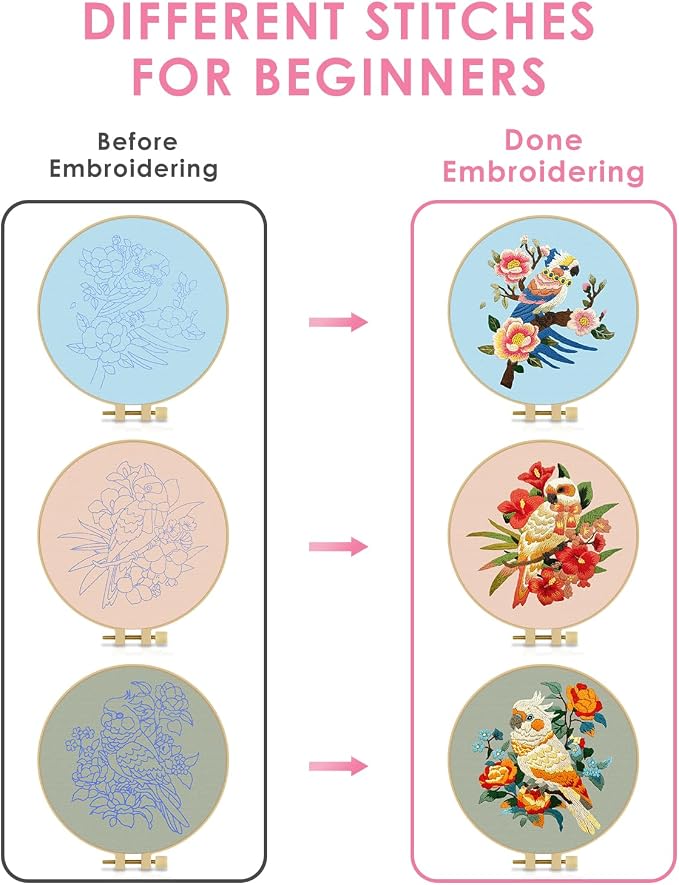 TINDTOP Embroidery Kit for Adult, Parrot Embroidery Stitch Practice kit