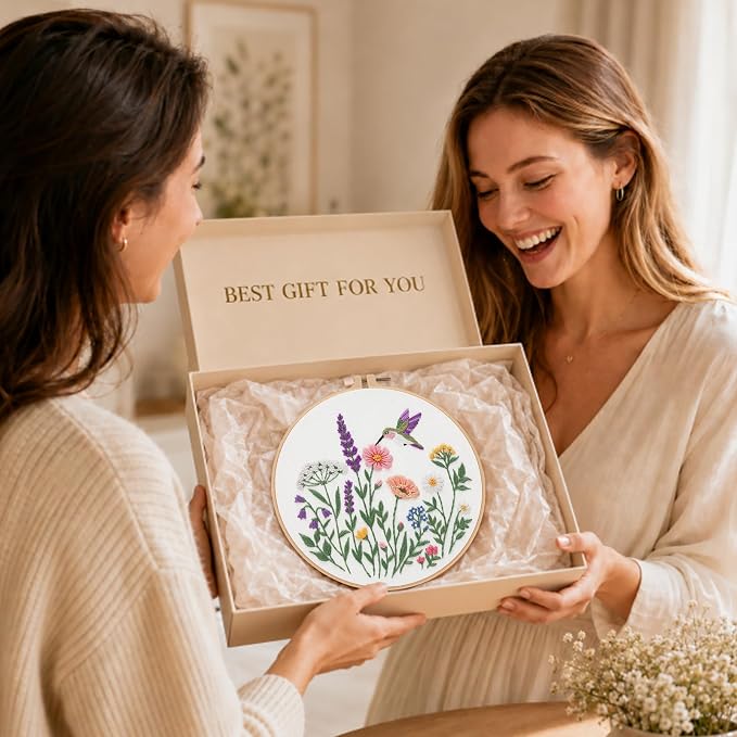 Nuberlic Embroidery Kit for Beginners, 3 Pack Floral Stamped Embroidery Starter Kit with Hoop, Pre Printed Flower Patterns, Threads, Needles and Step by Step Instructions, DIY Needlework Gift