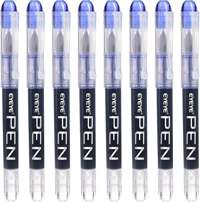 EYEYE Disposable Fountain Pens Fine Point, 8 Pack Blue Pens for Writing, Stainless Steel Nib, Smooth Writing for Journaling, Drafting, Sketching, Doodling & Office Supplies