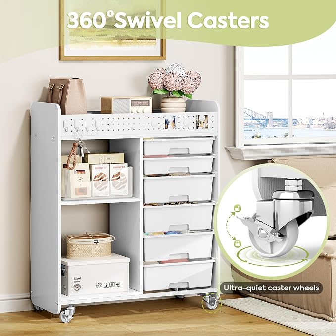 Rolling Craft Cart with 6 Drawers, Pegboard and Locking Wheels White