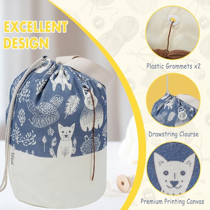 Yarn Bag, Large Crochet Bag Organizer, Drawstring Yarn Storage Knitting Bags, Portable Mini Yarn Holder for Crocheting Project, Store Skein Ball, Needles Accessories (Navy Blue, Extra Large)