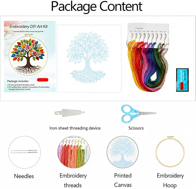 Zhenqing Rainbow Tree of Life Embroidery Kit for Beginners - 29x29cm Printed Fabric with Hoop & Full Tools (C0060)