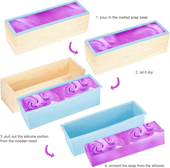 ZOENHOU 3PCS 42oz Blue Soap Molds, Flexible Rectangular Silicone Soap Making Molds Kit with Wood Box DIY Tool Set for Soap Making Supplies
