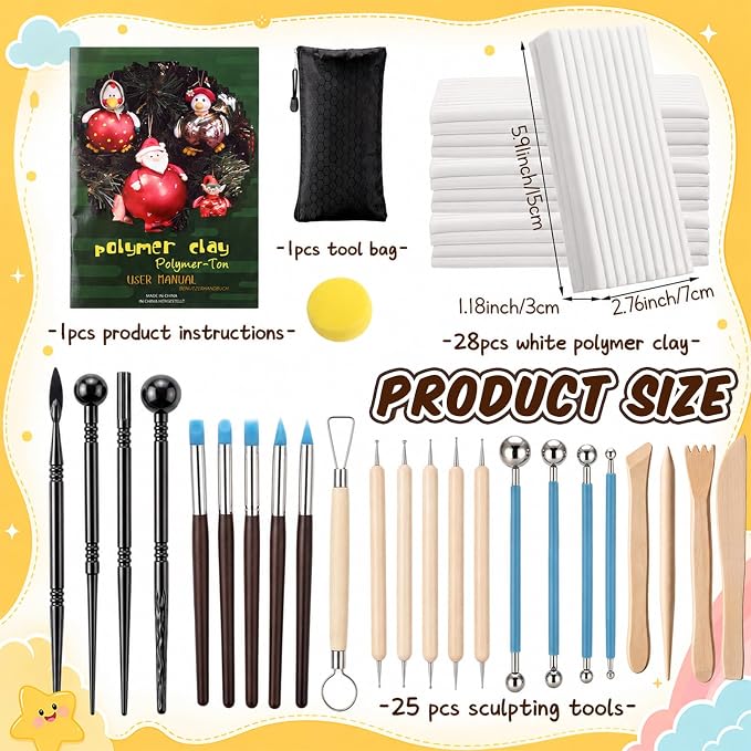 Yinder 24.6 Lbs Oven Bake Polymer Clay White with 25 Pcs Pottery Tools Kit Non Toxic DIY Clay for Modeling, Figurines, Miniatures, Jewelry, Pottery Projects Adult Arts for Beginner Crafters