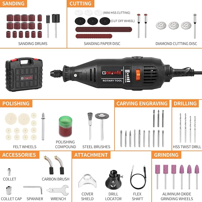 GOXAWEE Mini Rotary Tool Kit with Keyless Chuck & Flex Shaft -140Pcs, Black