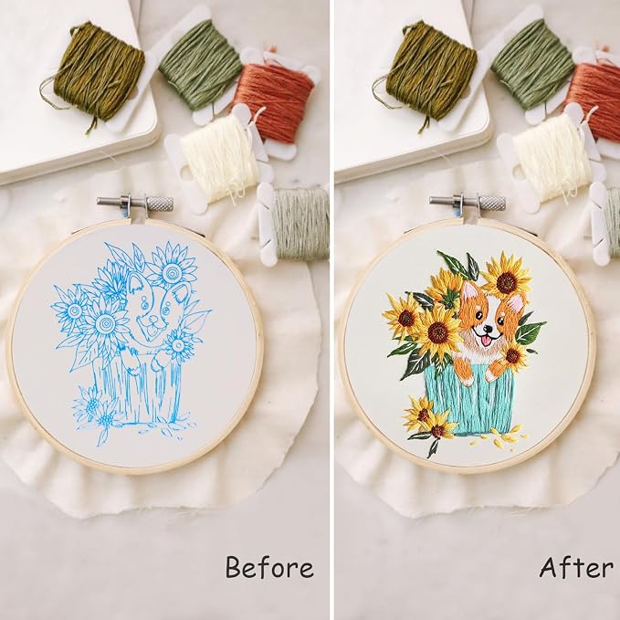 Embroidery Kit for Beginners, Dog Flower Pattern Embroidery Practice Kits | Hand Embroidery Kit, Easy to Follow Instruction and Video