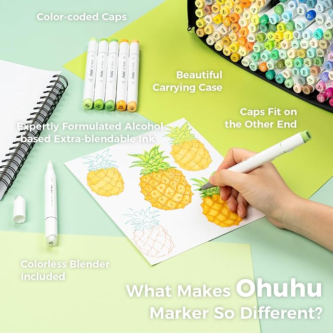 Ohuhu Alcohol Markers 320 Colors Brush Fine for Artist Adults Cozy Coloring | AP Certified Refillable Art Marker, Dual Tips Alcohol-based Drawing Markers for Artist Beginner Illustration Sketch, Honolulu