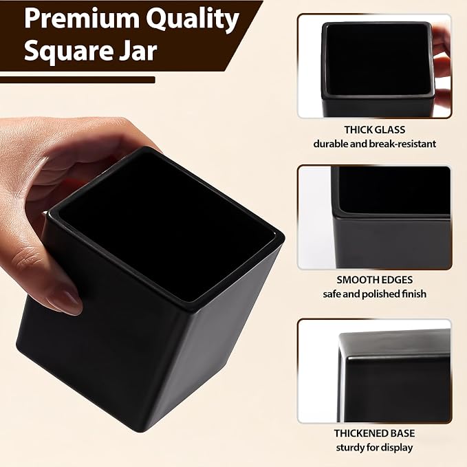 CONNOO 12 Pack 9oz Matte Black Glass Square Candle Jars with Bamboo Lids