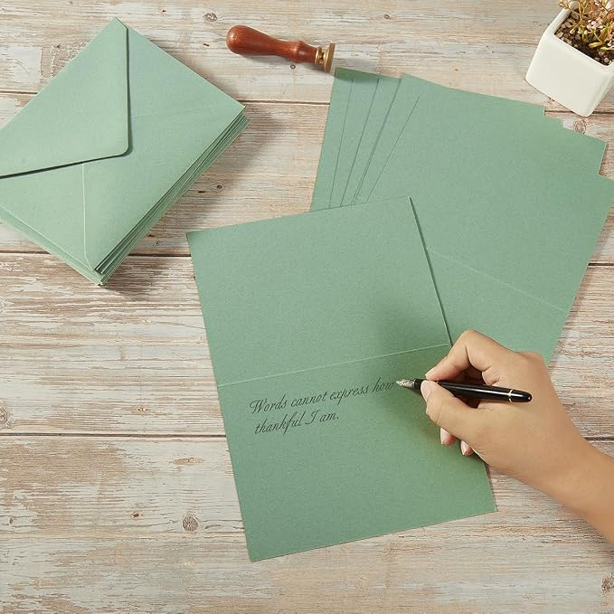 50 Pack Sage-Green A7 Envelopes with Cards and Gold Stickers, 5x7