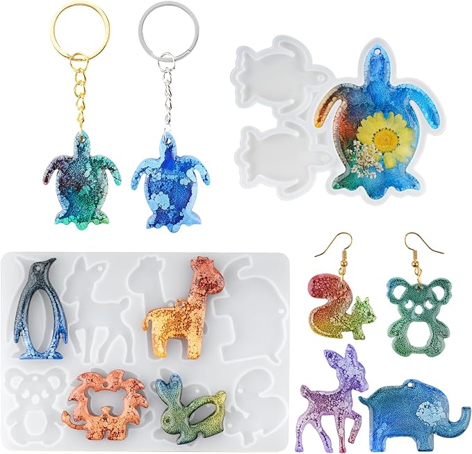 HeyClear 2PCS Keychain Resin Molds with Hole, 11 Cavities Turtle Animals Silicone Molds for Epoxy Resin Casting, Keychains, Pendants, Jewelry Making